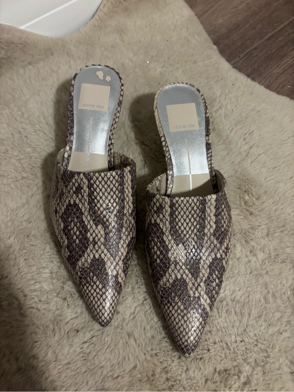 Dolce Vita Taupe and Brown Snake-Print Pointed Mules